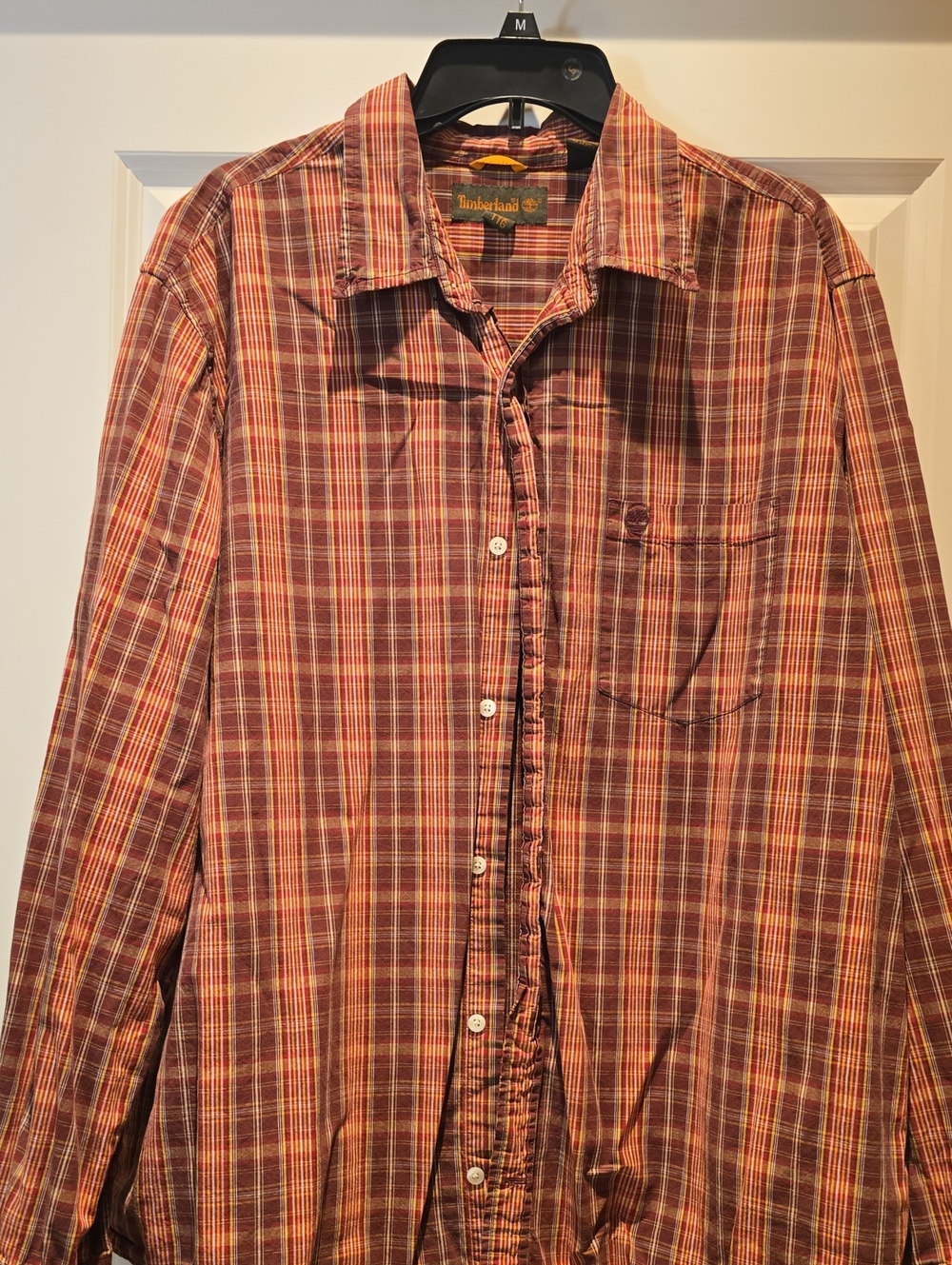 Timberland Men's Red and Brown Plaid Button-Down Shirt